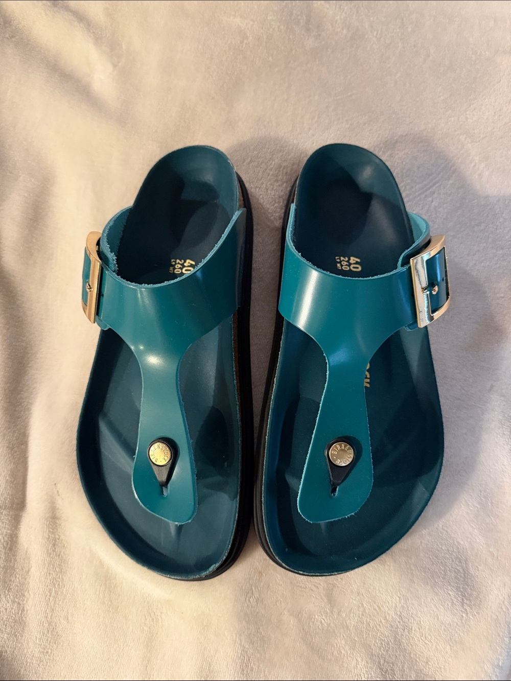Birkenstock Teal T-Strap Sandals with Gold Buckles